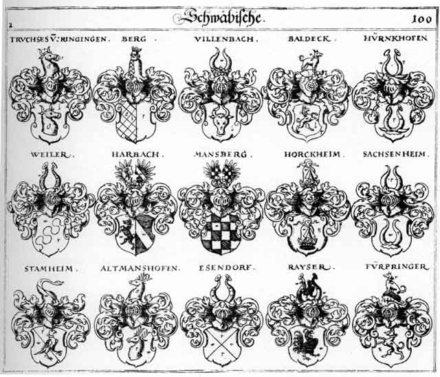 Coats of arms of Altmannshofen, Baldeck, Berg, Bergen, Bergh, Esendorff, Esendorffer, Harback, Horckheim, Hurnkhofen, Mansberg, Rayser, Sachsenheim, Stamheim, Villenbach, VVeyler, Weiler