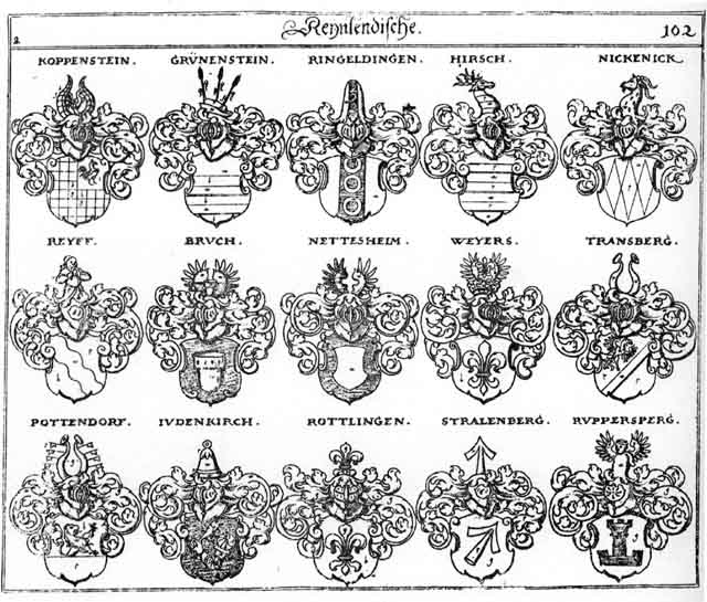 Coats of arms of Bruck, Grienenstein, Grünenstein, Hirsch, Hirschen, Judenkirch, Koppenstein, Nettesheim, Nickenick, Potendrof, Pottendorff, Reiffen, Reyff, Ringeldingen, Rottlingen, Ruppersperg, Stralenberg, Stralnberger, Transperg, WeyerS