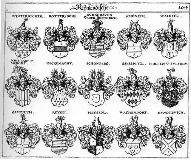 Coats of arms of Burggraven, Burgrafen, Gaysspitz, Gemenich, Hess, Hessen, Hirten, Hundbusch, Oedenkirch, Reydt, Rotersdorf, Rottersdorff, Scheiffart, Schönberg, Waldeckh, Wickenrodt, Winterbecher