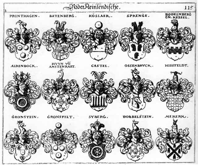 Coats of arms of Aldenbock, Batenberg, Bodelnberg, Castel, Dobbelstein, Gronsfeld, Gronstein, Hissfeld, Huyn, Kessel, Koeslaër, Köslaer, Mecker, Meckern, Mekern, Ossenbruck, Printhagen, Sprenge, Syberg
