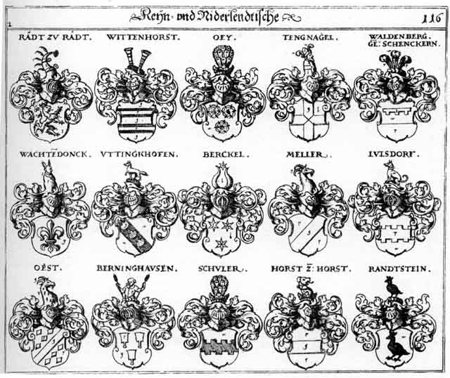Coats of arms of Berckel, Berninghausen, Horst, Horsten, Julsdorff, Lulsdorff, Meller, Oest, Oey, Rädt, Raedt, Randtstein, Schenckern, Schüeller, Schuler, Schutler, Tengnagel, Uttinghof, Uttinghofen, Wachtendonck, Waldenberg, Wittenhorst