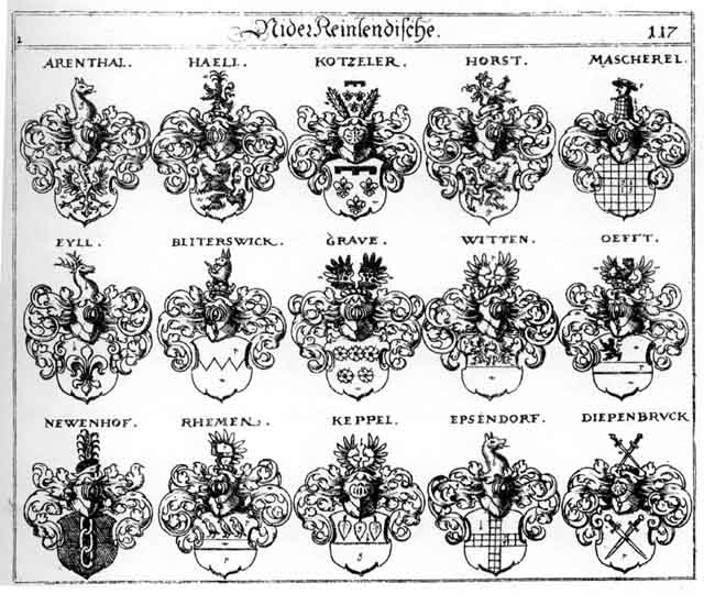 Coats of arms of Arenthal, Biderswick, Diepenbruck, Epsendorf, Eull, Eyll, Grave, Grawe, Haell, Horst, Horsten, Keppel, Köppel, Kotzeler, Mascherel, Neuhofer, Newenhof, Oefft, Rhemen, Schnabel