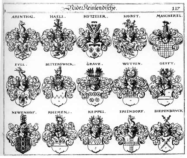 Coats of arms of Arenth’al, Biderswick, Diepenbruck, Epsendorf, Eull, Eyll, Grave, Grawe, Haell, Horst, Horsten, Keppel, Köppel, Kotzeler, Mascherel, Neuhofer, Newenhof, Oefft, Rhemen, Schnabel