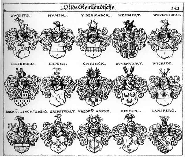 Coats of arms of Bock, Bocken, Duvenvoirt, Ellerborn, Erpen, Gripstwaldt, Hemert, Hemmert, Humen, Landesberg, Landsperg, Landsperger, Reffen, Reven, Spirinck, Urede, von der Marckt, Weytenhorst, Wickede, Zweiffel, Zweiffelen
