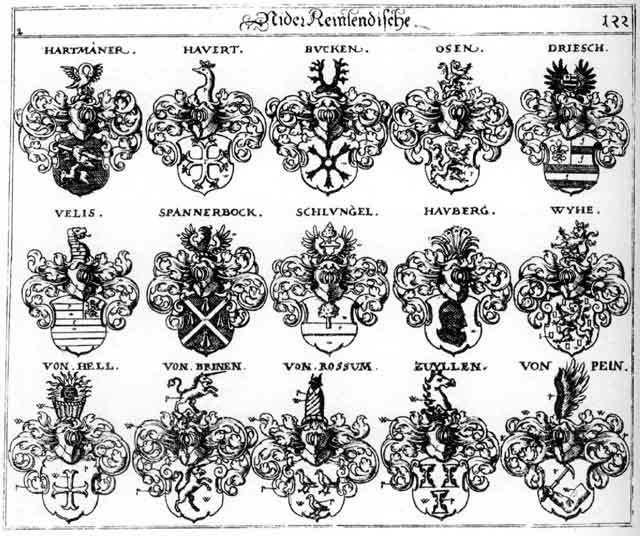 Coats of arms of Brinen, Bucken, Driesch, Hartmann, Hartmanner, Hauberg, Hauert, Heeln, Hell, Helln, Osen, Pein, Pucken, Rossum, Schlungel, Velis, Wyhe