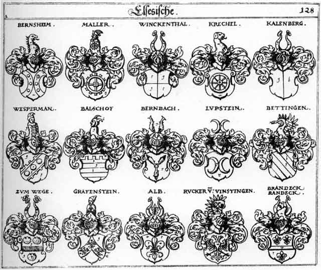 Coats of arms of Alb, Balschaff, Bernbaeh, Bettingen, Brandeck, Grafenstein, Gravenstein, Kalenberg, Krechel, Lupftein, Lutzenrodt, Malles, Randeck, Rucker, Wespermann, Winckelthal, zum Wege