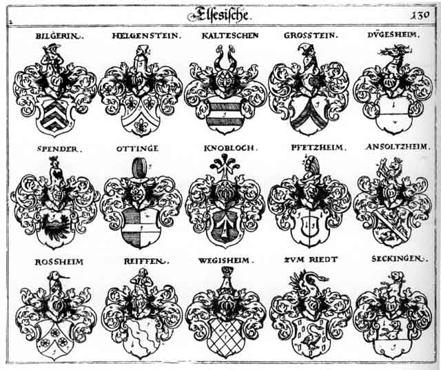 Coats of arms of Ansoltzheim, Bilgerin, Dügesheim, Grostein, Helgenftein, Kalteschen, Knobloch, Ottingen, Pfetzheim, Reiff, Reiffen, Riedt, Riet, Röschcim, Ruedt, Seckingen, Spender, Wegisheim