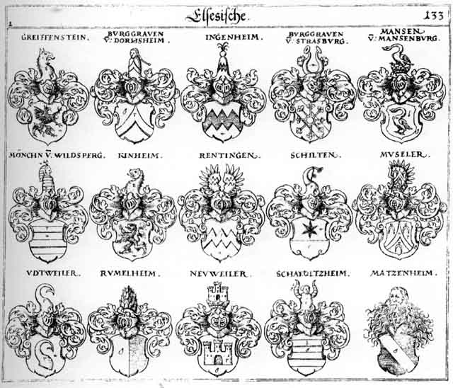 Coats of arms of Burggraven, Burgrafen, Dornstätt, Greiffenstein, Ingenheim, Kinheim, Kunheim, Manfen, Mantzen, Matzenheim, Moench, Moenchen, Museler, Neuweiler, Rumelsheim, Rummelsheim, Schafoltzheim, Schilten, Schönmansen, Uttweiler, Vatweiler
