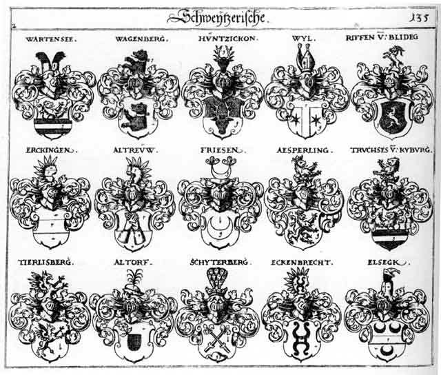 Coats of arms of Aesperling, Altdorff, Altendorff, Altorff, Altrew, Eckenbrecht, Elseck, Hüntzickon, Riffen, Schytterberg, Thierlisberg, Tierlisberg, Truchsesen, Wagenberg, Wartensee, Wyl