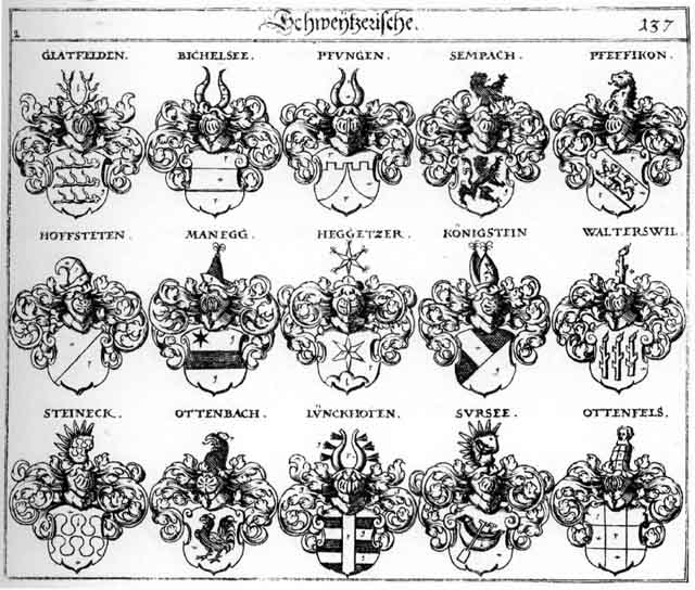 Coats of arms of Bichelsee, Buchelfee, G’latfelden, Heggetzer, Hofstetten, Koenigstein, Königstein, Lünckhofen, Manegg, Ottenbach, Ottenfels, Pfeffikon, Pfungen, Sempach, Steineck, Sursee, Waltersweil