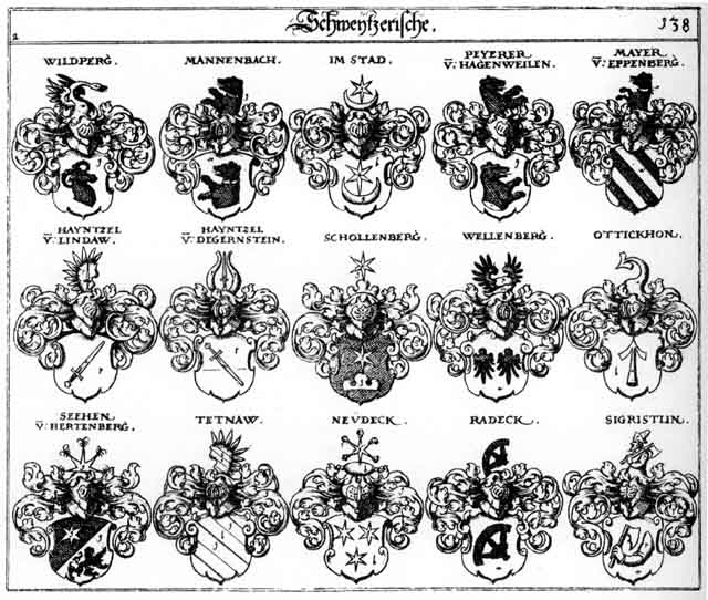 Coats of arms of Beyrer, Haintzel, Hayntzel, Im Stad, imStad, Mair, Majer, Mannenbach, Mayer, Mayr, Mejer, Peyerer, Radeck, Schollenberg, Seehen, Sigristlin, Tetnaw, Tetnov, Wellenberg, Wildperg, Wildperger