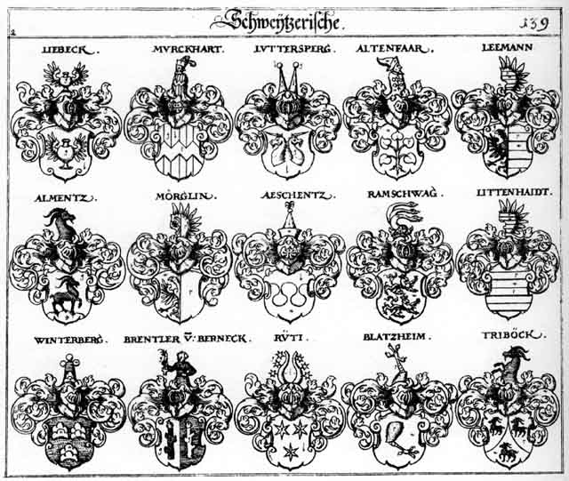 Coats of arms of Aeschentz, Almentz, Altenfaar, Blatzheim, Brentler, Leemann, Liebek, Littenhaidt, Lübeck, Luttersperg, Moerglin, Mörglin, Murckhart, Ramschwag, Rüti, Triböck, Winderberger, Winterberg, Winterberger