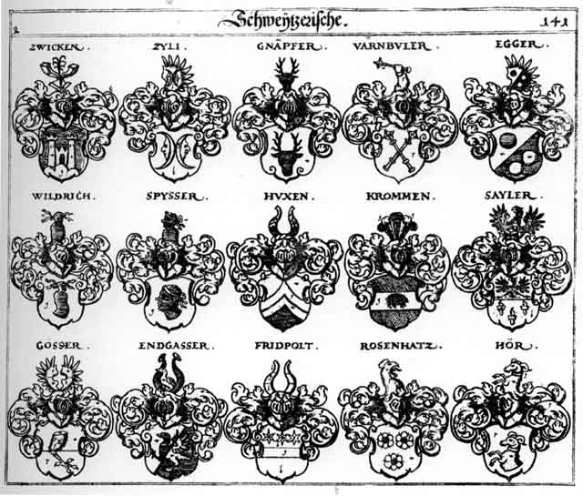 Coats of arms of Engasser, Fridpolt, Gnäpfer, Göser, Gösser, Hoer, Hör, Huxen, Krommen, Philippis, Rosenhatz, Sailer, Sayler, Spisser, Spysser, Varenbühler, Varnbühler, Wildrich, Zily, Zwicken, Zyli