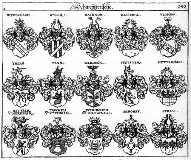Coats of arms of Abdorff, Bettler, Eyskirchen, Haydnow, Hettlingen, Iberg, Ilnon, Rainer, Rayner, Strass, Tann, Thann, Truchsesen, Werdeyk, Wydenbach, Wyler, Yberg, Yestetten, Ylnow