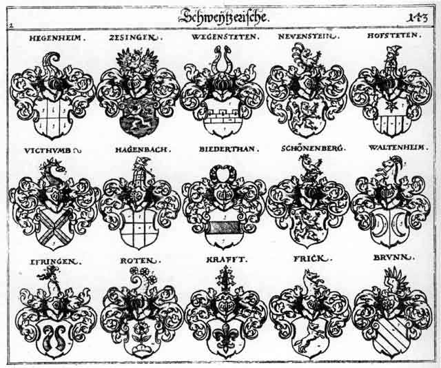 Coats of arms of Biederthan, Brunn, Brunnen, Efringen, Frick, Hagenbach, Hegenheim, Hofstetten, Krafft, Krafften, Neuenstein, Newenstein, Roden, Rodt, Roten, Rothen, Schönenberg, Viethumb, Waltenheim, Wegensteten, Zesingen