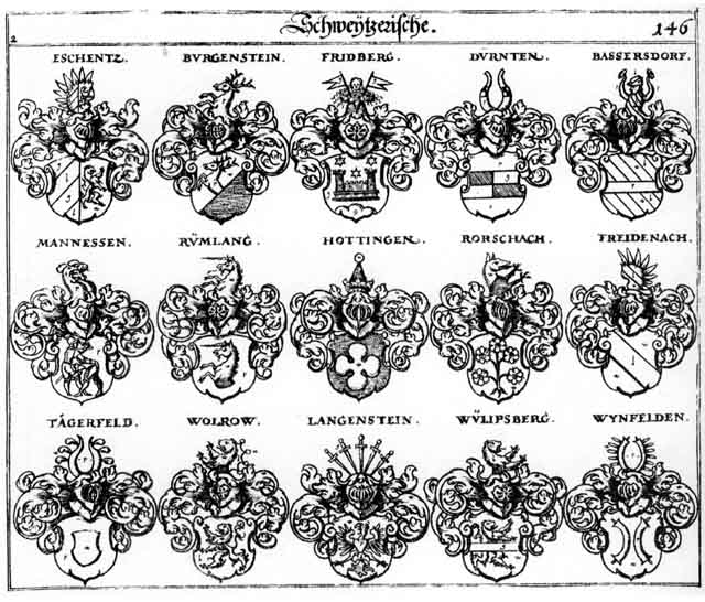 Coats of arms of Bassersdorff, Bürgenstein, Dürnten, Ercken, Eschentz, Freidenach, Fridberg, Langcnstein, Manuessen, Rorschach, Rümlang, Tagerfeldt, Wolraw, Wülipsberg, Wynfelden
