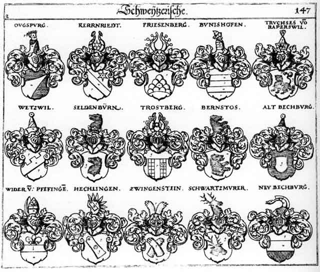 Coats of arms of AltBechburg, Bechburg {alt und new}, Bernstoss, Bunishofen, Friesenberg, Hechlingen, Kernriedt, Neu-Bechpurg, Ougspurg, Schwartzmurer, Seldenburn, Trostberg, Wetzwil, Wider
