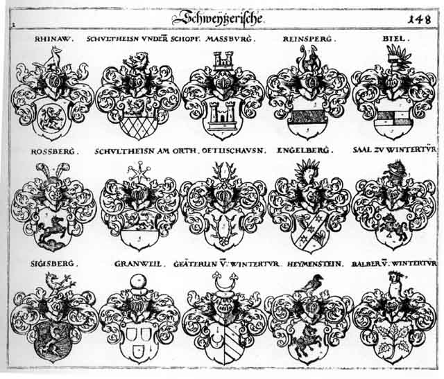 Coats of arms of Balber, Biel, Granweil, Heymenstein, Massburg, Oetlischausen, Piel, Reinsperg, Reinsperger, Rhinaw, Rhinow, Rossberg, Saal, Schultheis, Sigisberg