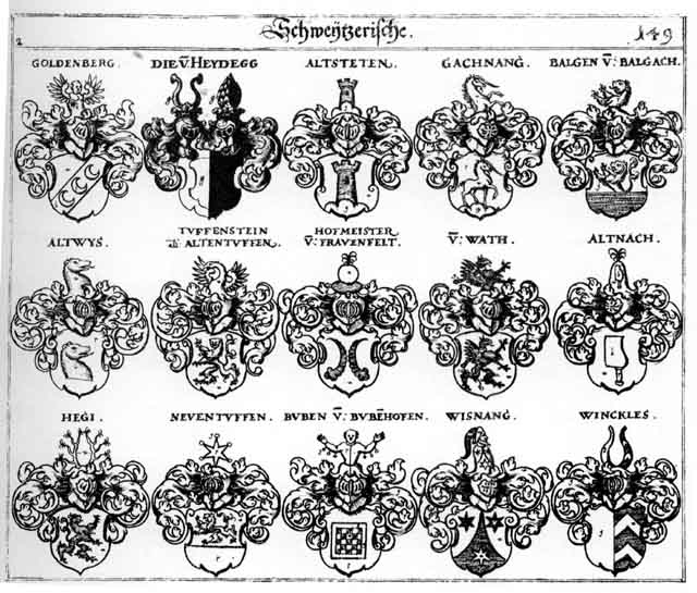 Coats of arms of Altentuffen, Altnach, Altstetten, Altwys, Balgen, Buben, Gachnanus, Goldenberg, Haydeck, Heydegg, Hofmeister, Neuentuffen, Tuffenstein, Wath, Winckles
