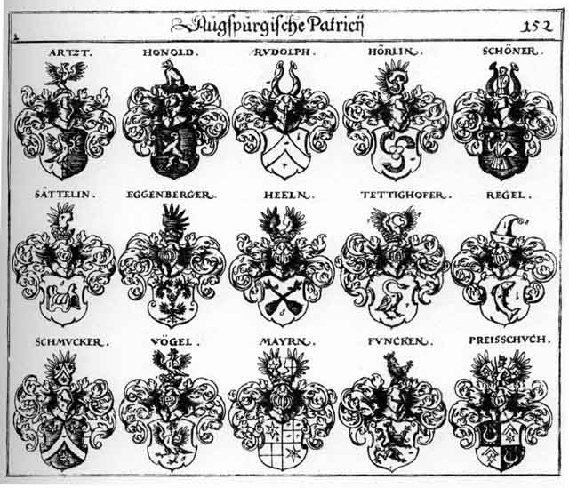 Coats of arms of Artzt, Eggenberg, Eggenberger, Haln Hel, Heeln, Honold, Hörlin, Mair, Mayer, Mayr, Meier, Preisschuch, Regel, Rudolph, Sättelin, Schmucker, Schöner, Tettighofen, Vögel, Vögl