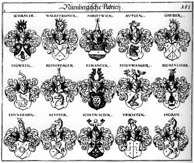 Coats of arms of Churherrn, Elwangen, Eschenloher, Eysenwanger, Glafenapfen, Gruber, Grueber, Ingram, Keypper, Nordtwein, Reinsperg, Reinsperger, Rutzen, Schlewitzer, Schrayer, Schreyer, Sigwein, Trachten, Waldstromer