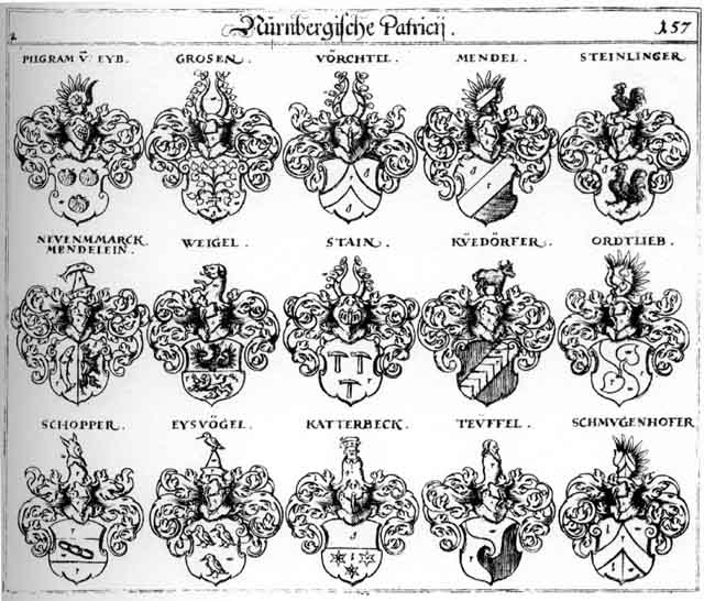 Coats of arms of Eysvögel, Grosen, Grossen, Katterbeck, Kucdörffer, Mendel, Mendelein, Neuenmarck, Ordtlieb, Ortlieb, Pilgram, Schmugenhofer, Schopper, Stain, Stein, Steinlinger, Teuffel, Vorchtel, Waigel, Weigel