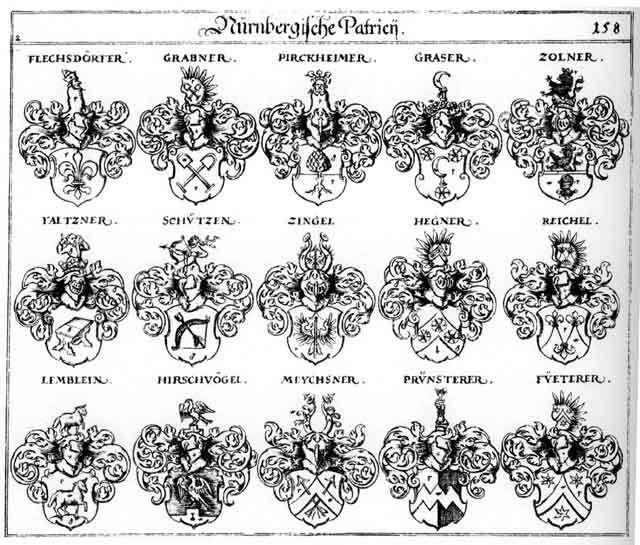 Coats of arms of Faltzner, Flechsdorffer, Grabner, Graser, Hegner, Hirschvogel, Meychsner, Pirckheimer, Reichel, Schützen, Zingel, Zollner, Zolner