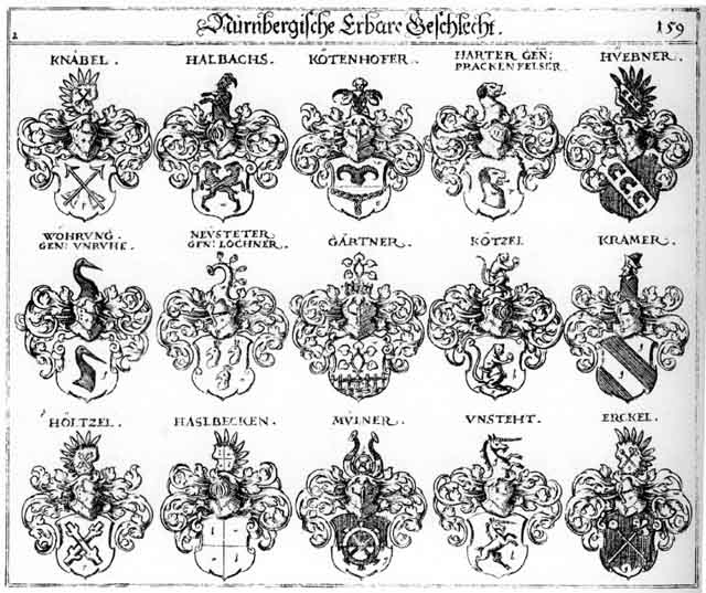 Coats of arms of Cramer, Erckel, Gaertner, Gartner, Halbachs, Halsbecken, Harter, Haslbecken, Höltzel, Höltzl, Hubner, Huebner, Hybner, Knäbel, Koetenhofer, Koetzel, Kötenhofer, Kötzel, Kramer, Lochner, Müller, Müllner, Mylner, Neuenstatt, Neustetter, Prackenselser, Unruhe, Unsteht, Wöhrung