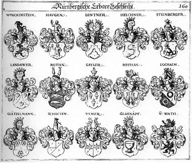 Coats of arms of Dintner, Glafsnäpf, Glätzelmann, Haug, Haugen, Helchner, Lochaim, Roden, Rodt, Roten, Roth, Rothan, Rothen, Rothn, Sailer, Sayler, Schaczen, Schatzen, Stainberger, Steinberg, Steinberger, Usmer, Wath