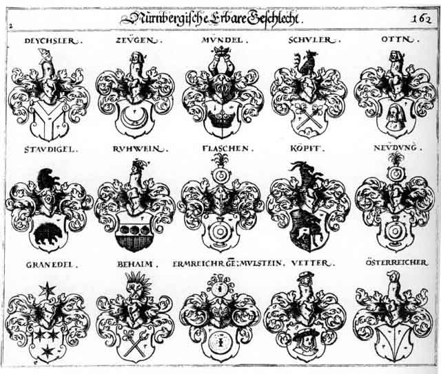 Coats of arms of Behaimb, Böheim, Deychsler, Ermreicher, Flaschen, Granedel, Kopff, Müblenstein, Mülstein, Mundel, Neudung, Oesterreich, Oesterreicher, Österreicher, Oth, Otten, Otthen, Ruhwein, Schüeller, Schuler, Schutler, Staudigel, Vetter, Vettern, Vöttern, Zeugen