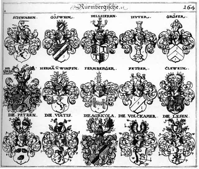 Coats of arms of Agricola, Betzen, Dilherrn, Fermberger, Fetzer, Gewandschneider, Goswein, Gröser, Gwandschneider, Herman, Hörman, Hudter, Hueter, Huter, Hutter, Lesen, Petzen, Pezzer, Schwab, Schwaben, Schwaven, Vetzer, Viatis, Volckamer