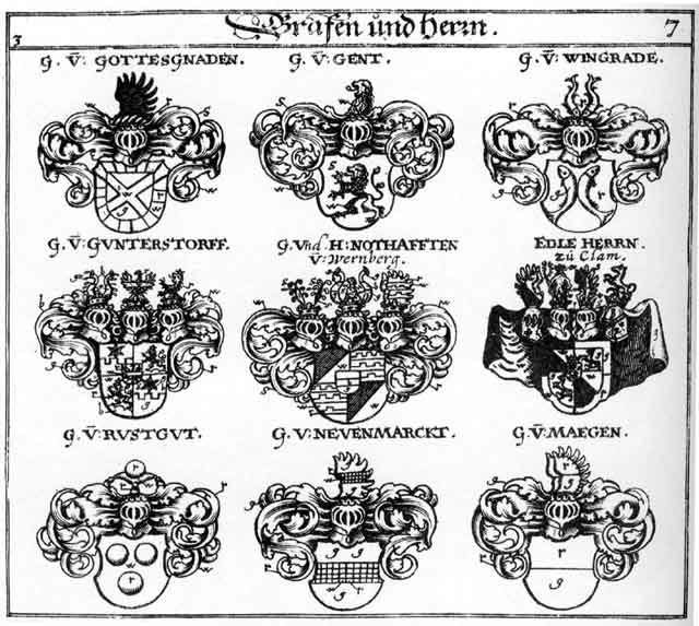 Coats of arms of Clam, Gentz, Gottergnaden, Gundersdorff, Guntarsdorff, Maegen, Neuenmarckt, Notthafften, Rustgut, Uyrherr, Wingrade