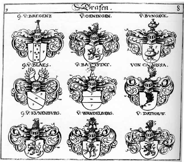 Coats of arms of Battstadt, Blaes, Bregentz, Bungeck, Canissa, Cunenburg, Dathaw, Kunenburg, Oeningen, Wandelberg