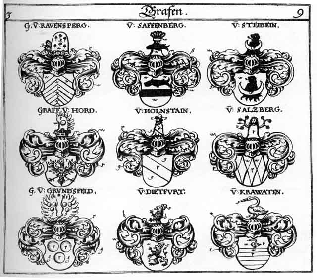 Coats of arms of Dietfurth, Grundsfeld, Hegi, Holnstein, Hord, Krawatten, Ravensperg, Saffenberg, Steibein