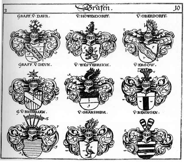 Coats of arms of Beningen, Bichellen, Daun, Deun, Ergöio, Gransheim, Höwendorff, Oberdoff, Oberndorff, Tauer, Westerreich