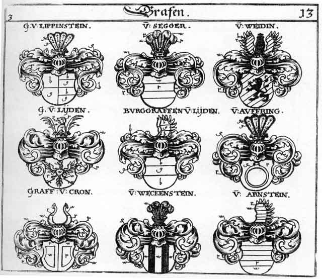 Coats of arms of Altdorff, Altendorff, Altorff, Arnstein, Auffring, Cron, Lippenstein, Lyden, Segger, Weckenstein