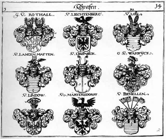 Coats of arms of Bichellen, Langenmatten, Liechtenberg, Lindow, Linsneck, Lon, Maertensdorff, Martensdorf, Warwick