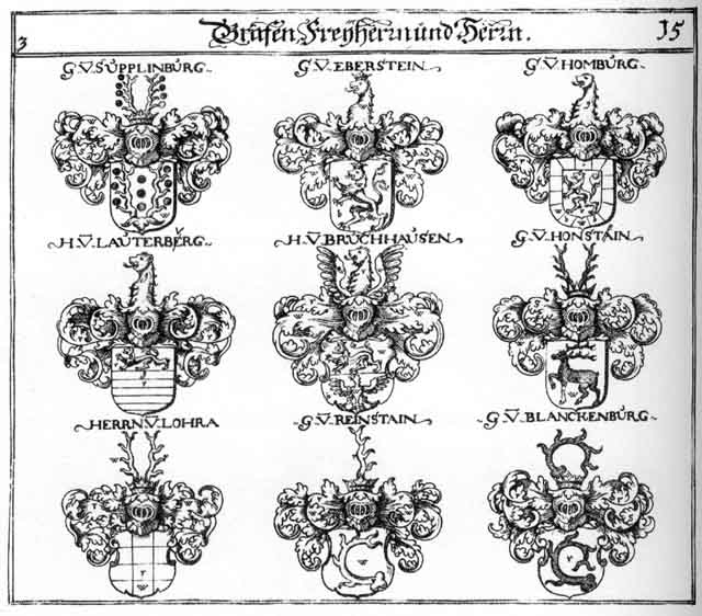 Coats of arms of Blanckenburg, Bruchhausen, Eberstein, Homburg, Lauterberg, Lohra, Reinstein, Supplinburg