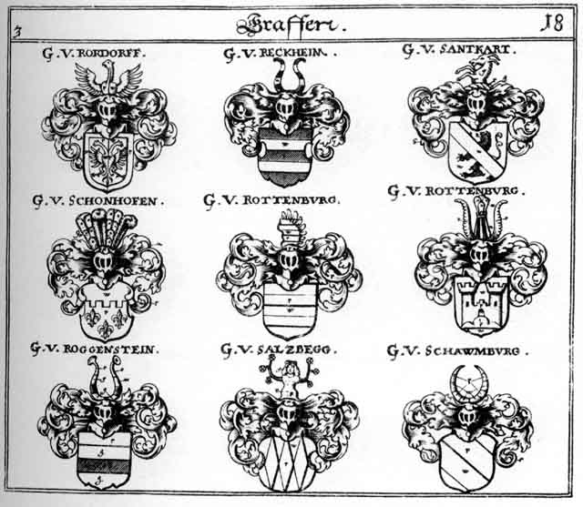 Coats of arms of Reckeim, Roggenstein, Rotenburg, Rottenburg, Saltzbegg, Santkart, Schaumburg, Schonhofen