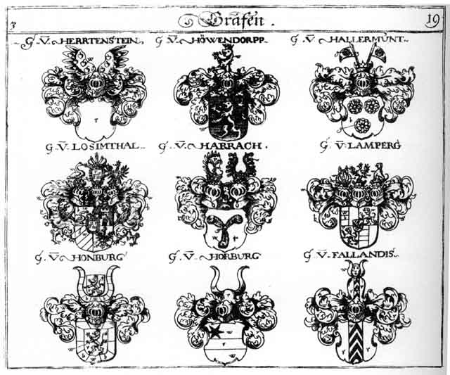 Coats of arms of Fallandis, Hallermundt, Harras, Hertenstein, Honburg, Honnburg, Horburg, Höwendorpp, Losimthal, Saltzberg