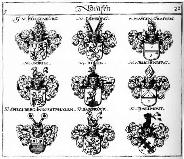 Coats of arms of Cullenburg, Kullenburg, Lemburg, Maygen, North, Pallmont, Reichenberg, Rügen, Sarbruck, Sarpruck, Spiegelberg
