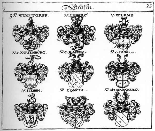 Coats of arms of Concin, Limburg, Nortenburg, Rappin, Ruck, Schönenberg, Stauff, Stauffer, Steibin, Wunstorff, Wurmb