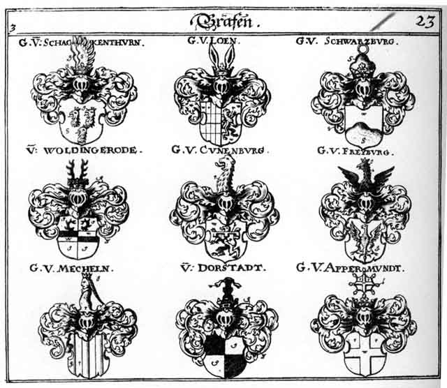 Coats of arms of Appermundt, Dorstadt, Freyburg, Loen, Mecheln, Schackenthurn, Schwartzburg, Woldingerode