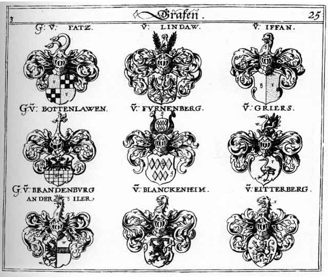 Coats of arms of Blanckenheim, Bottenlawen, Brandenburg, Eitterberg, Fatz, Fürnenberg, Griers, Ifan, Iffan, Lindaw, Prandenburg, Vatz