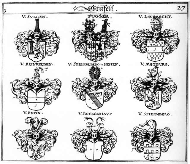 Coats of arms of Fugger, Leudrecht, Reinfelden, Rockenhaus, Rupin, Spiegelberg, Spitzenberg, Sulgen