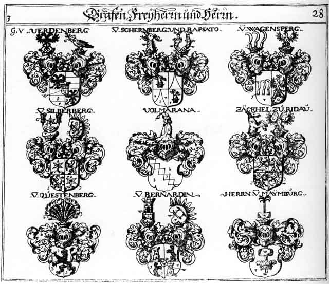 Coats of arms of Bernardin, Maymburg FH, Rapsato, Schernberg, Silberberg, Vedenberg, Volmarana, Wagensperg, Zäckel
