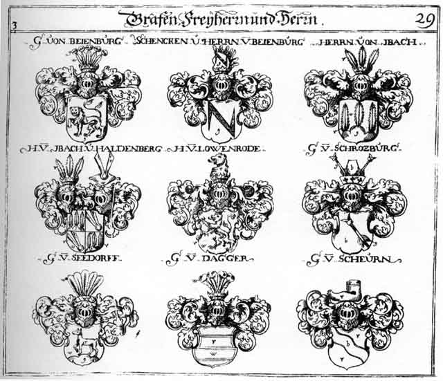 Coats of arms of Bejenburg, Dagger, Haldenberg, Ibach FH, Löwenrode FH, Schenck, Schenck FH, Schencken, Schencken FH, Scheurn, Schrozburg, Seedorff