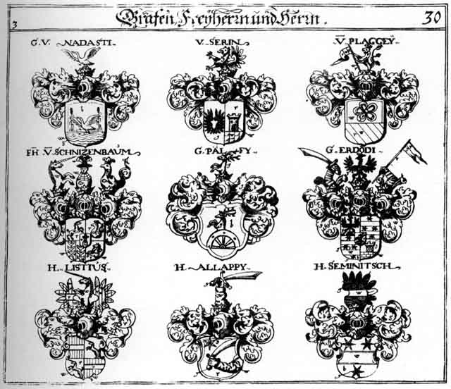 Coats of arms of Allappus FH, Erdödi, Listiss FH, Nadasti, Palfy, Plaggay, Schnizenbaum FH, Seminitsch FH, Serin