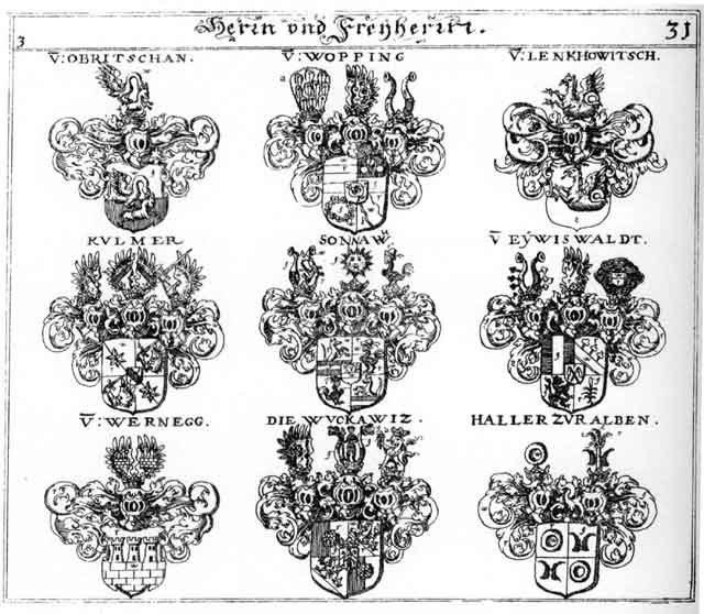 Coats of arms of Eybiswaldt, Eywiswald, Haller FH, Kulmburg FH, Kulmer FH, Lenkhowitsch FH, Obritschen, Werneck FH, Wernegg FH, Wopping, Wopping FH, Wuckawitz FH