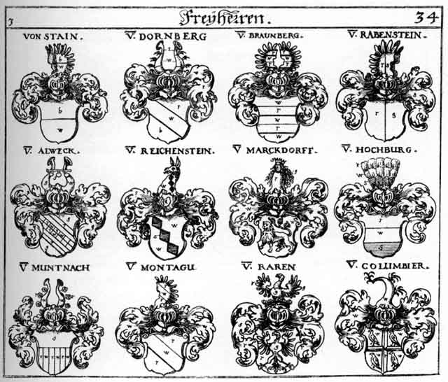 Coats of arms of Allwegg FH, Alweck FH, Braunberg FH, Dornberg FH, Hochburg FH, Marckdorff FH, Montagu FH, Rabenstein FH, Raren FH, Reichenstein FH, Stain FH
